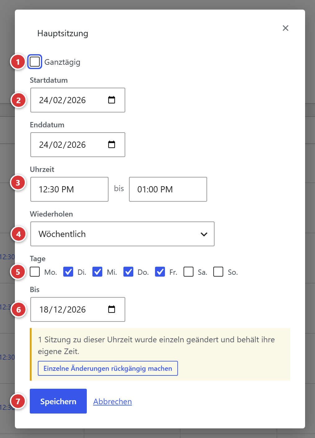 Das Eingabefenster einer Hauptsitzung