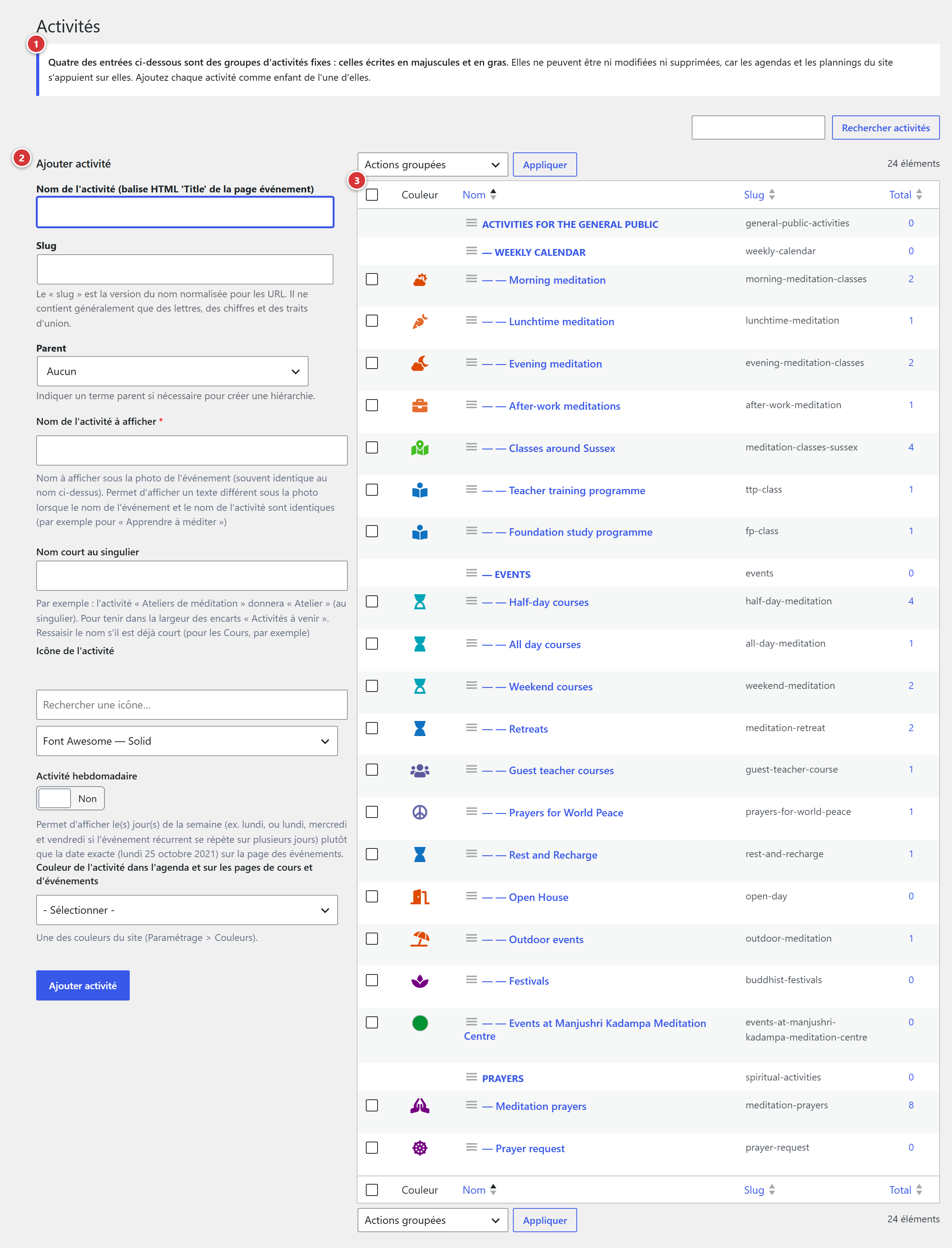 La liste des activités