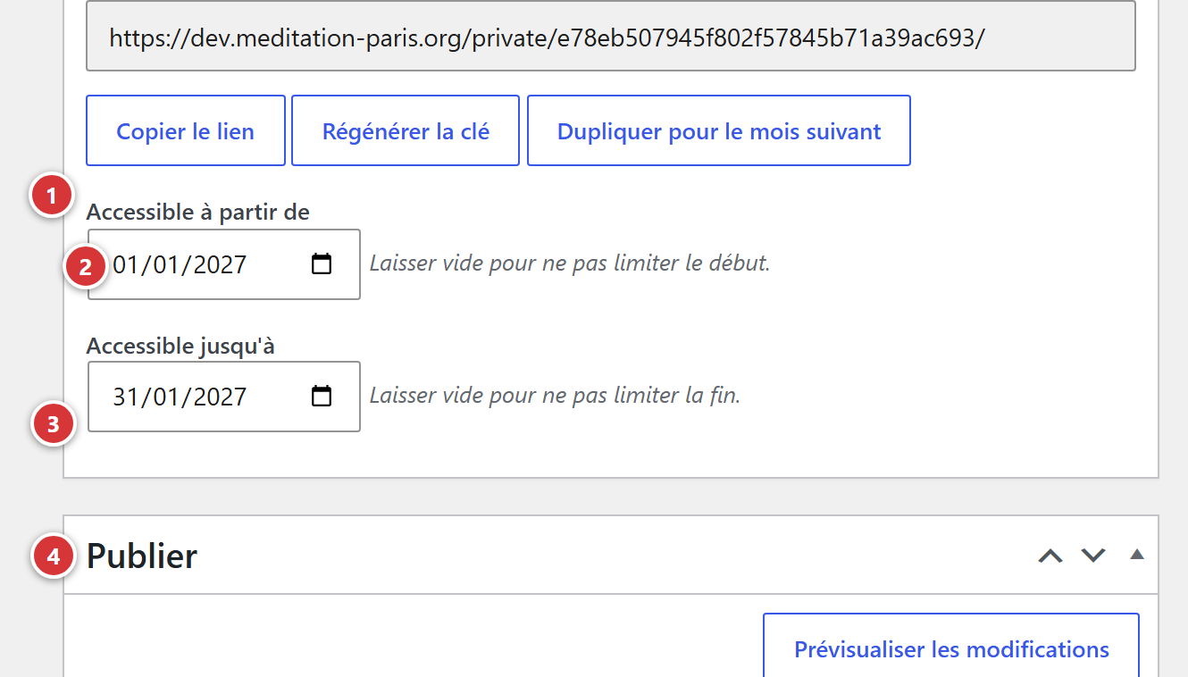 Le cadre Lien d'accès