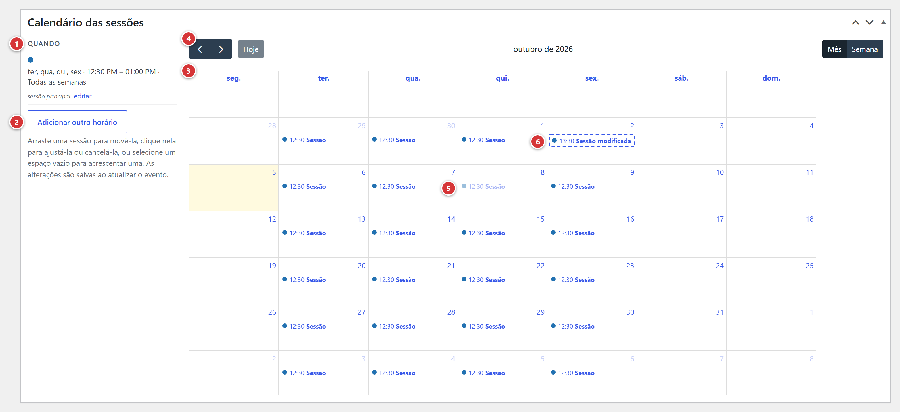 O calendário das sessões